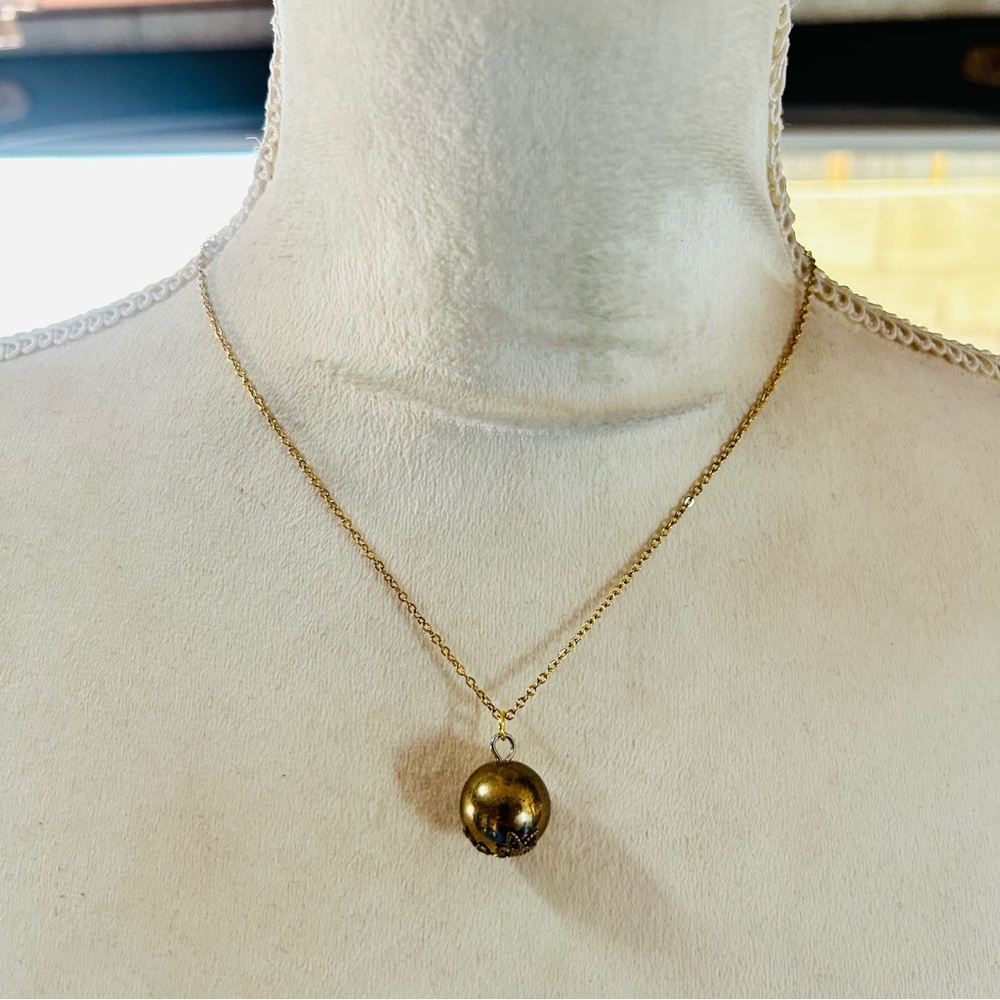 Handcrafted vintage bead capped gold metal ball pendant on chain necklace